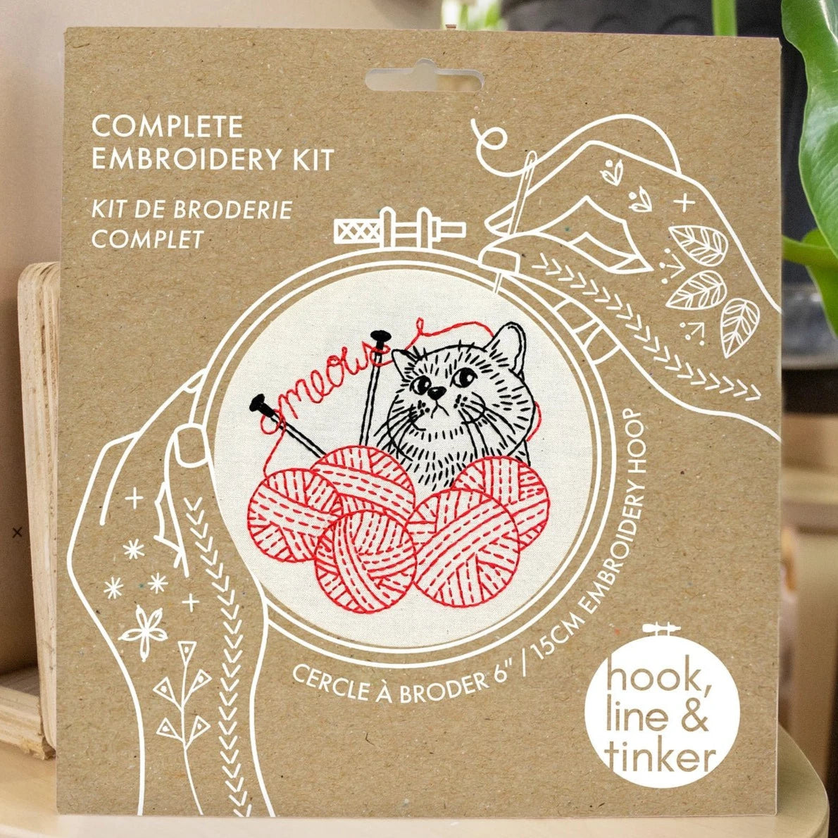Kitten with Knitting Complete Embroidery Kit - Hook, Line, &amp; Tinker Embroidery Kits - The Little Yarn Store