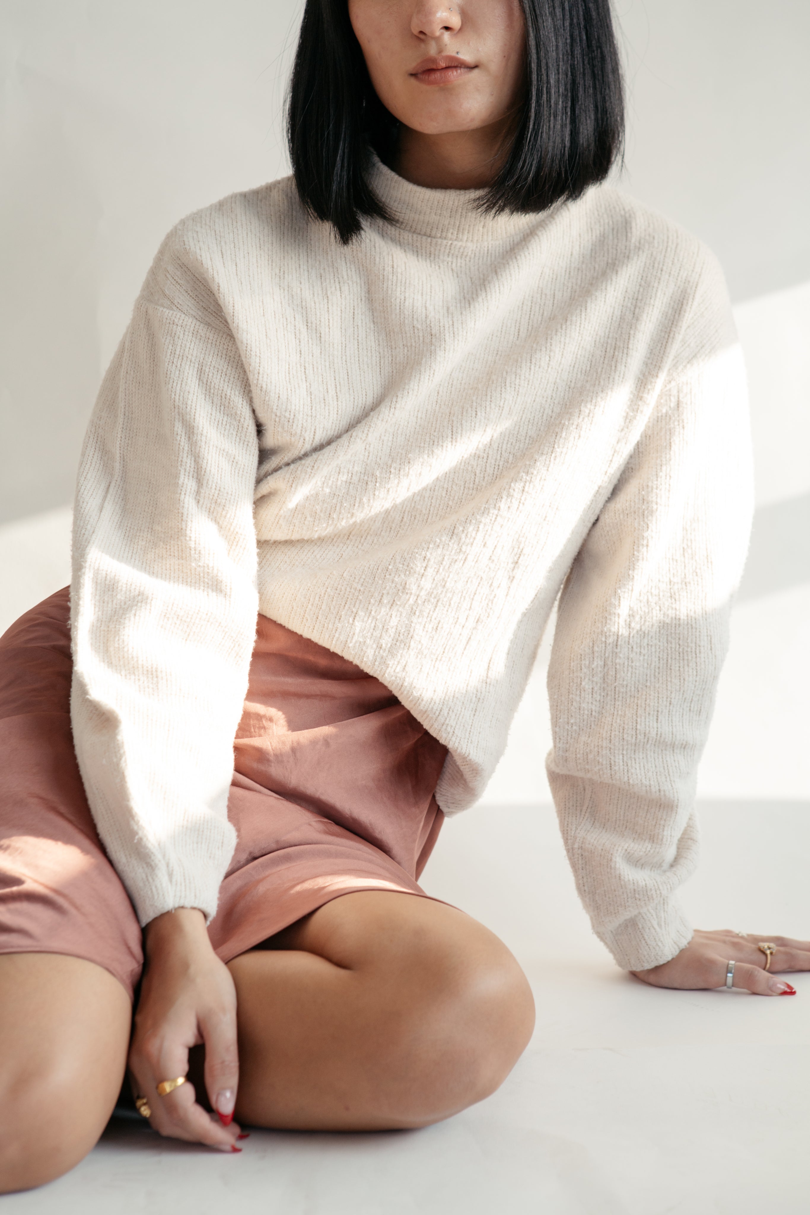 Pink Skirt and Cream Knit Sweater